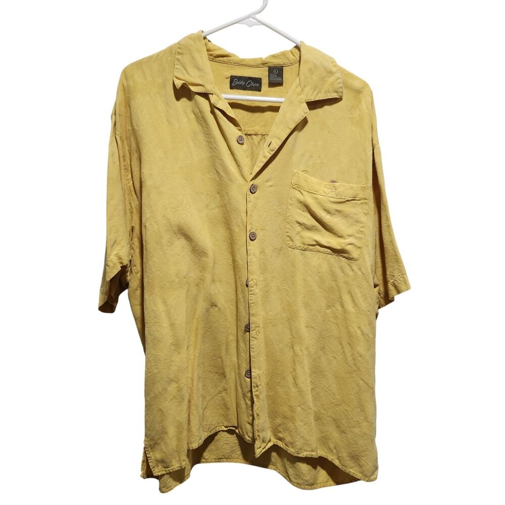 Bobby Chan 100% Silk Yellow Camp Shirt Floral Textured Mens L‎
